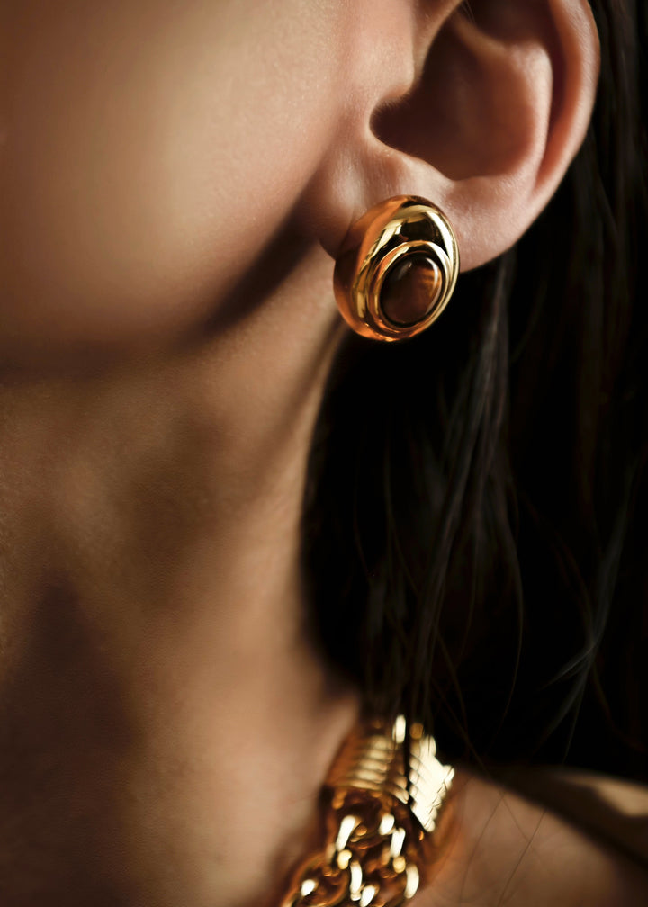 Stone Stud Earring Tigers Eye Gold