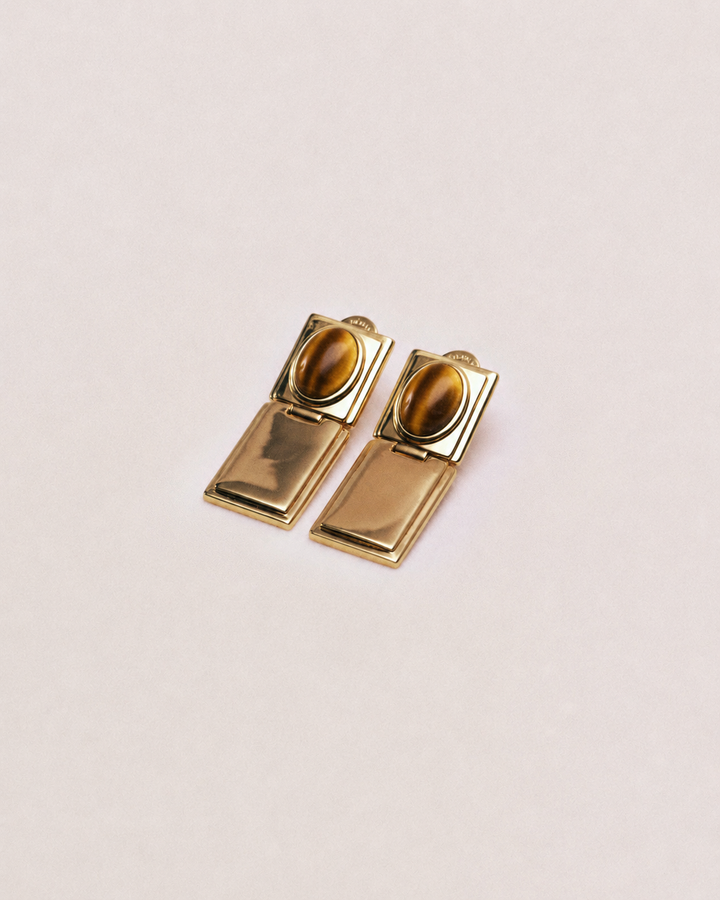 Stone Hinge Earring Tigers Eye & Gold