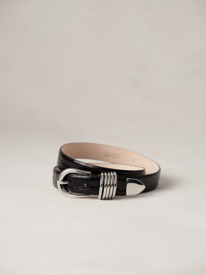  Déhanche Hollyhock Croco belt in black crocodile leather with silver buckle detail, elegant accessory for a polished