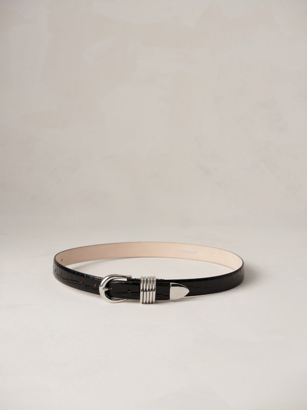  Déhanche Hollyhock Croco belt in black crocodile leather with silver buckle detail, elegant accessory for a polished