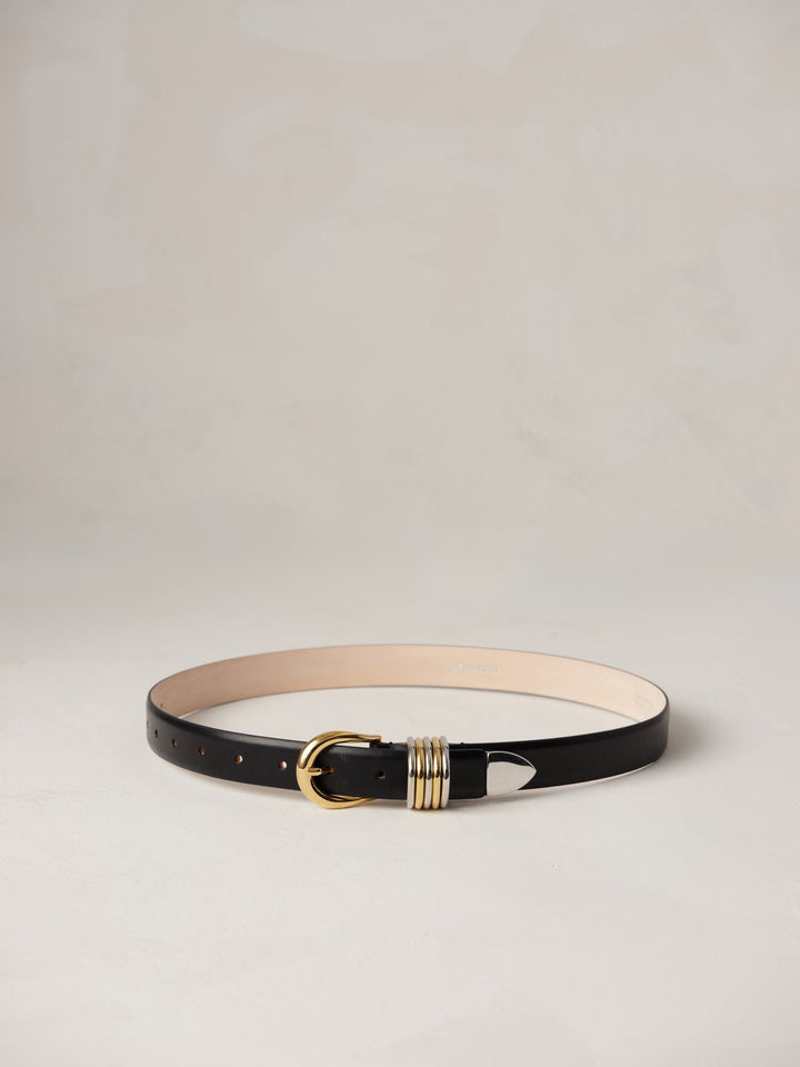 Déhanche Hollyhock Mixed Metal Belt - Elegant black leather belt with a mixed metal gold and silver buckle. Perfect for adding a unique touch of sophistication.