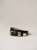 Déhanche Hollyhock Mixed Metal Belt - Elegant black leather belt with a mixed metal gold and silver buckle. Perfect for adding a unique touch of sophistication.