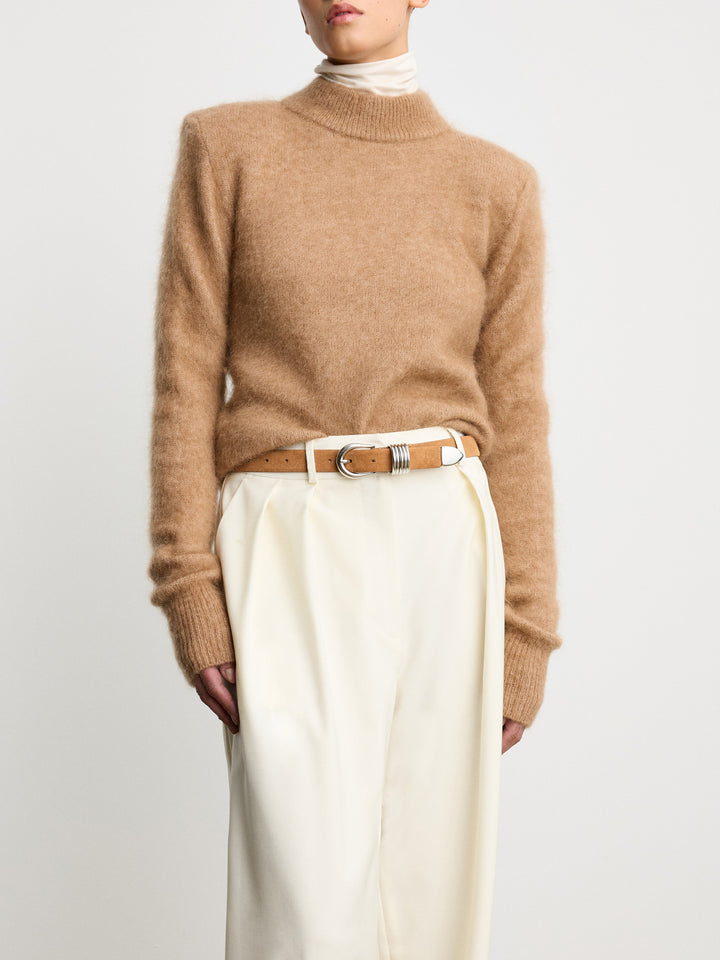 Déhanche Hollyhock Suede Belt - Elegant brown suede leather belt with silver buckle, paired with a camel sweater and cream trousers. Perfect for a sophisticated, cozy look.