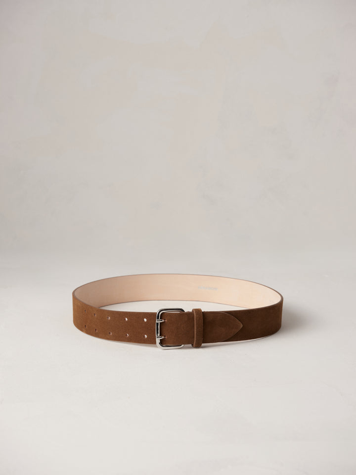 Déhanche Hutch Suede Belt - Elegant brown suede belt with a sleek silver buckle, featuring precise stitching and a minimalist design for timeless style.