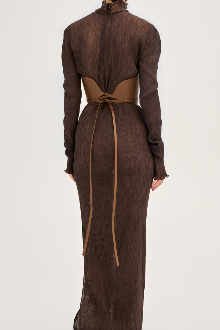Back view of Déhanche undone brown leather corset with sheer brown dress. Stylish and elegant waist cincher for women.
