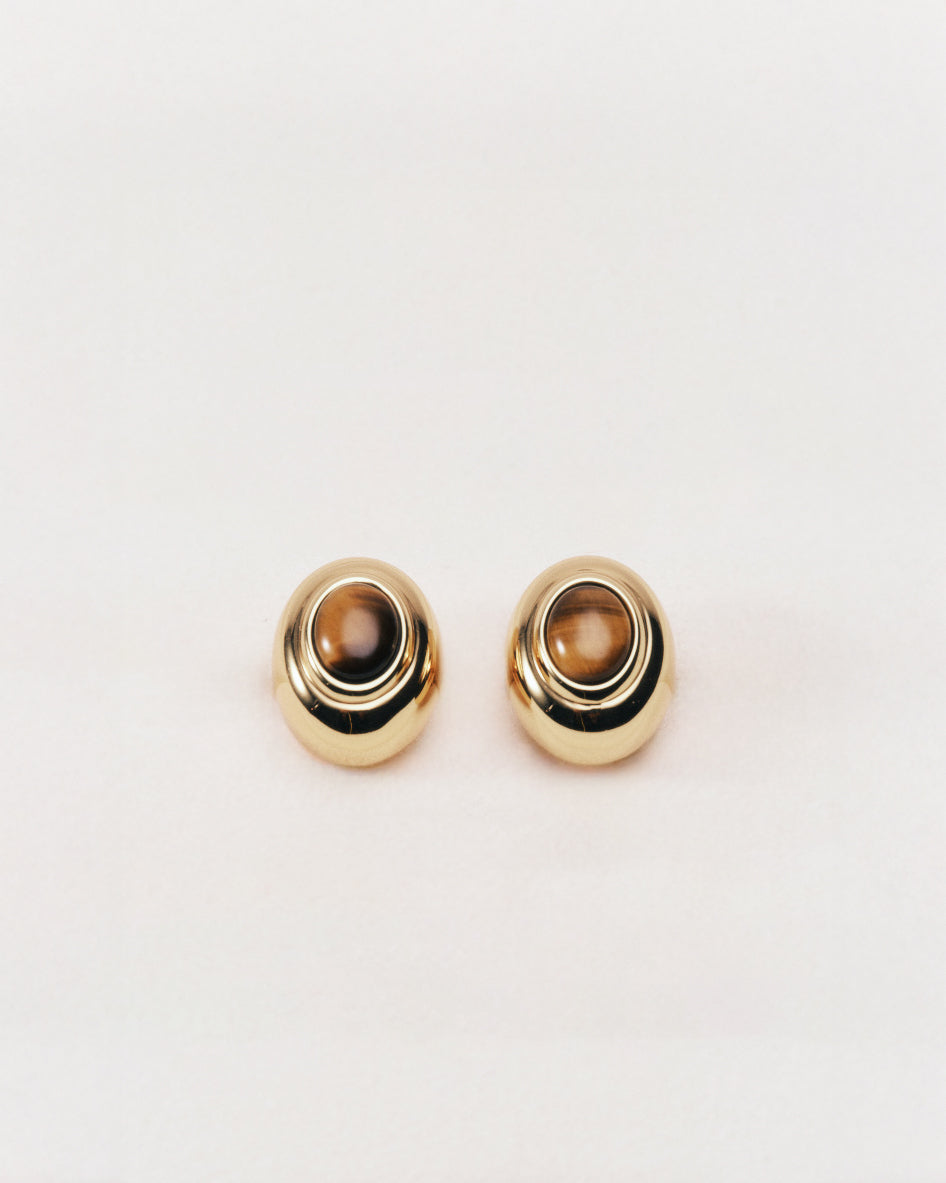 Stone Stud Earring Tigers Eye Gold