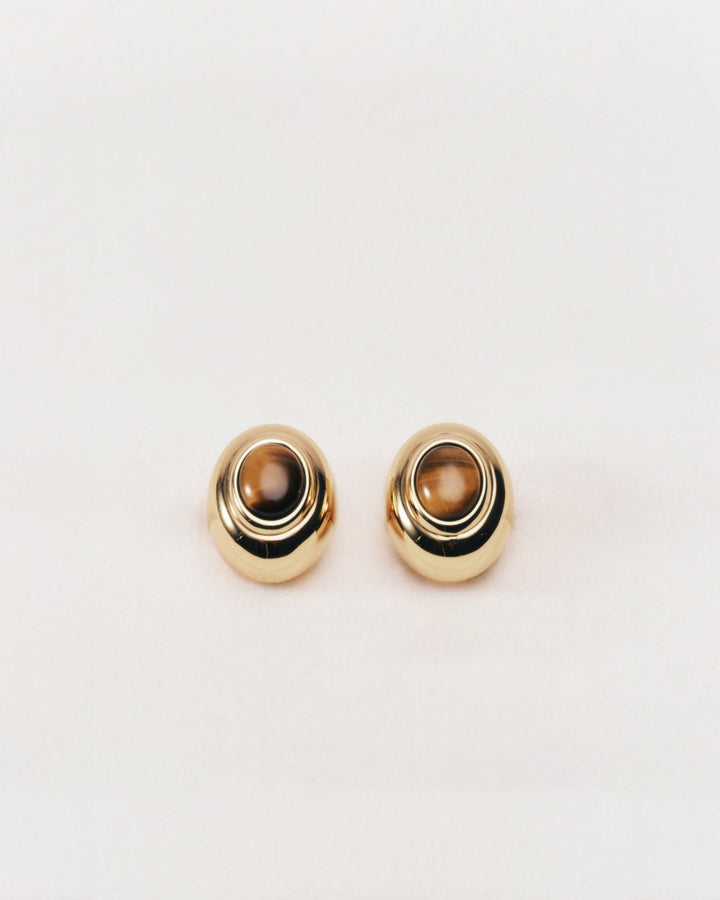 Stone Stud Earring Tigers Eye Gold